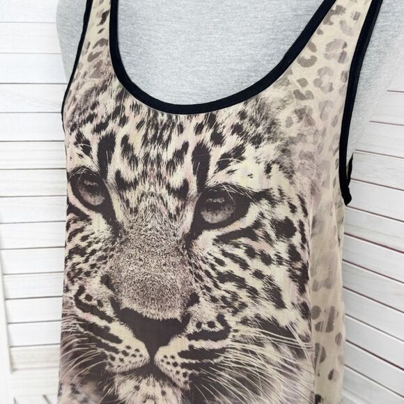 Wet Seal Leopard Face Print Sheer High Low Tank Top Shirt Tan Brown Small - Picture 5 of 10